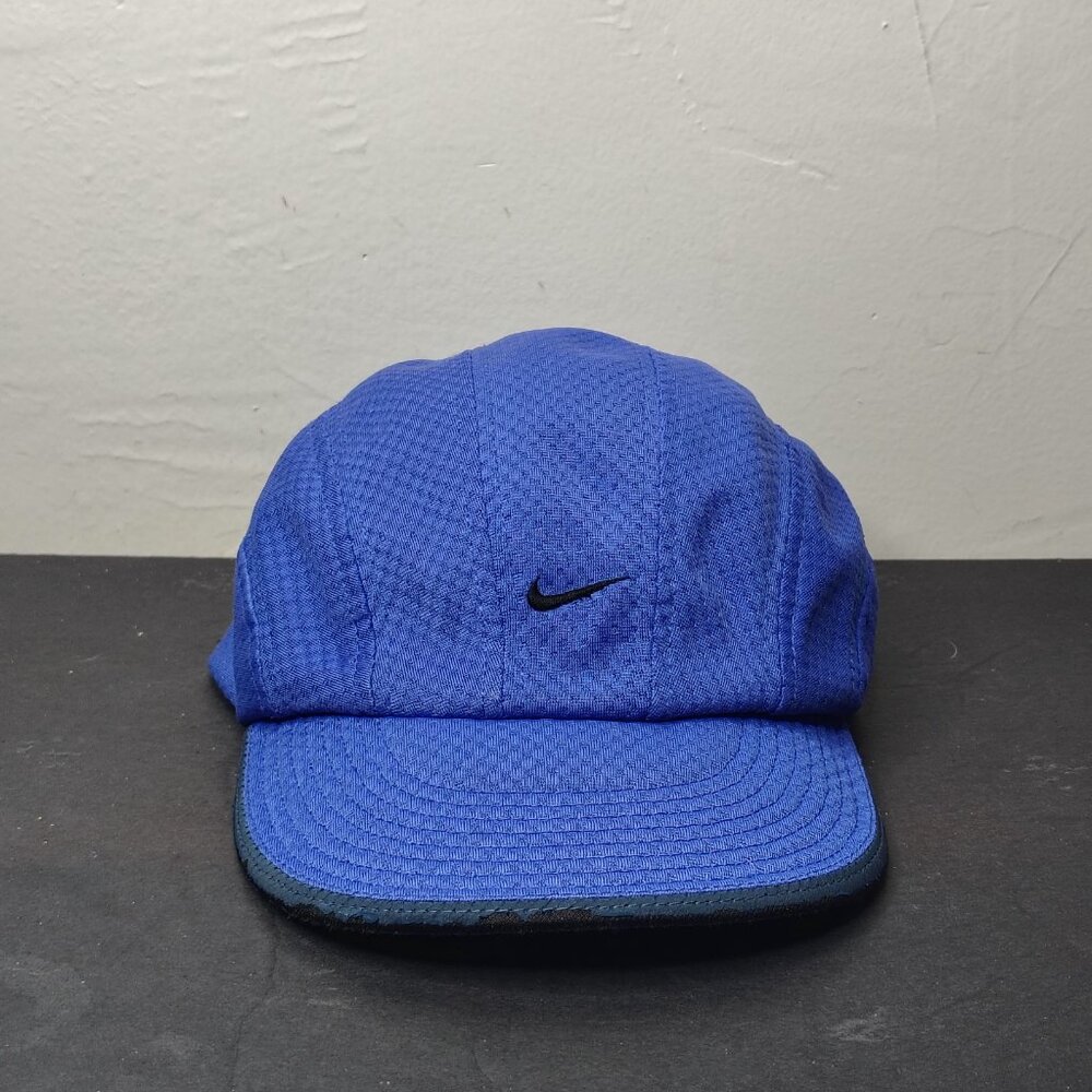 VINTAGE Nike Hat Cap Blue Black Tailwind 7 Panel Mesh Mini Swoosh Running - Picture 2 of 16